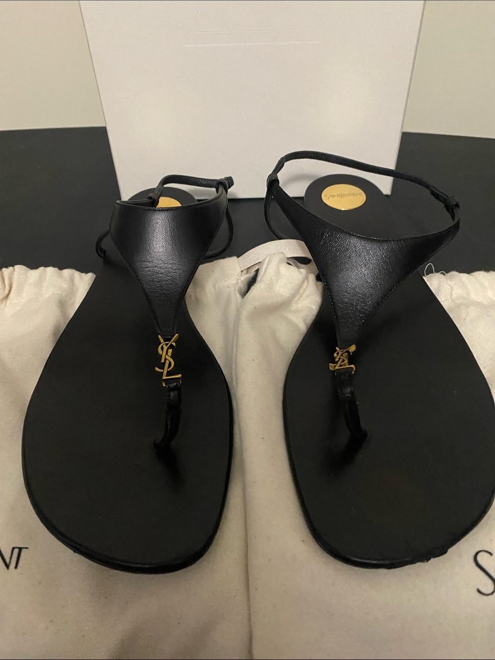 YSL Black Leather Cassandra Thong Sandals - Women's Designer Flats